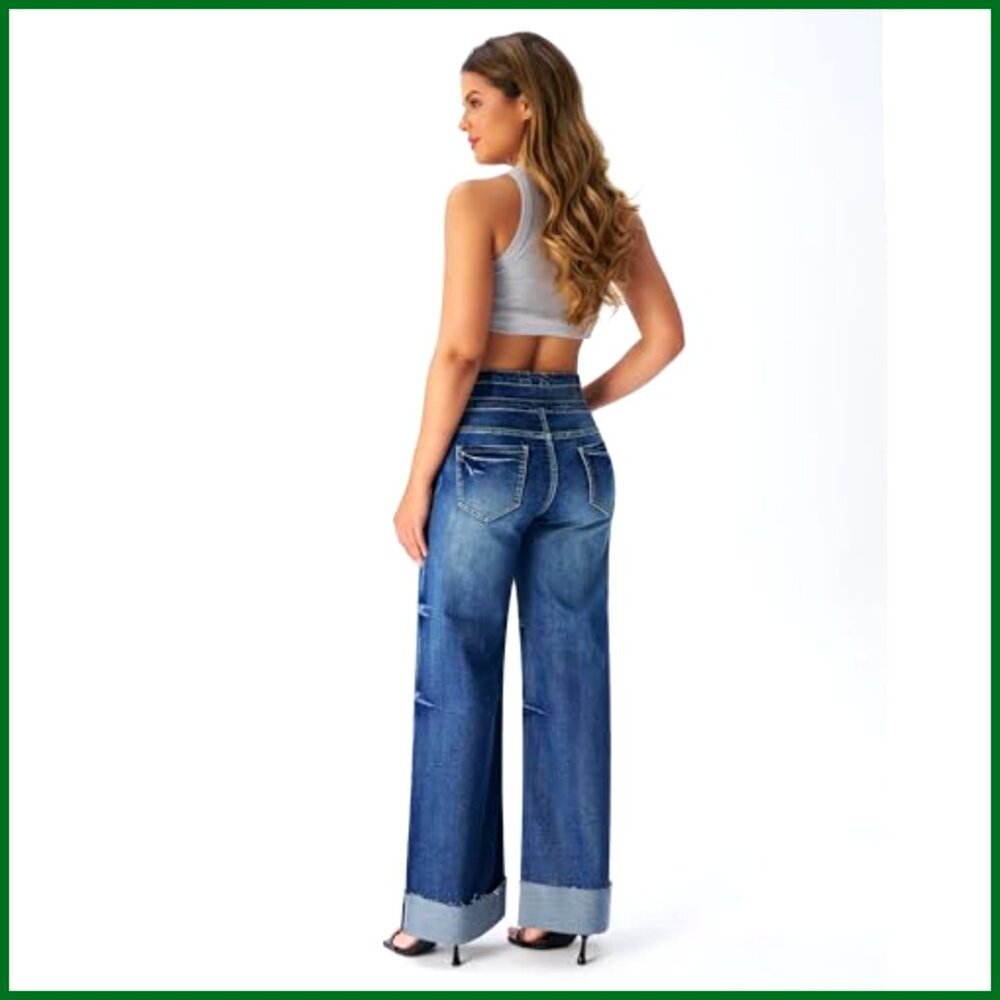 High Waisted Stretchy Wide Leg Jeans Cuffed Baggy Loose Denim Pants - Picture 6 of 7